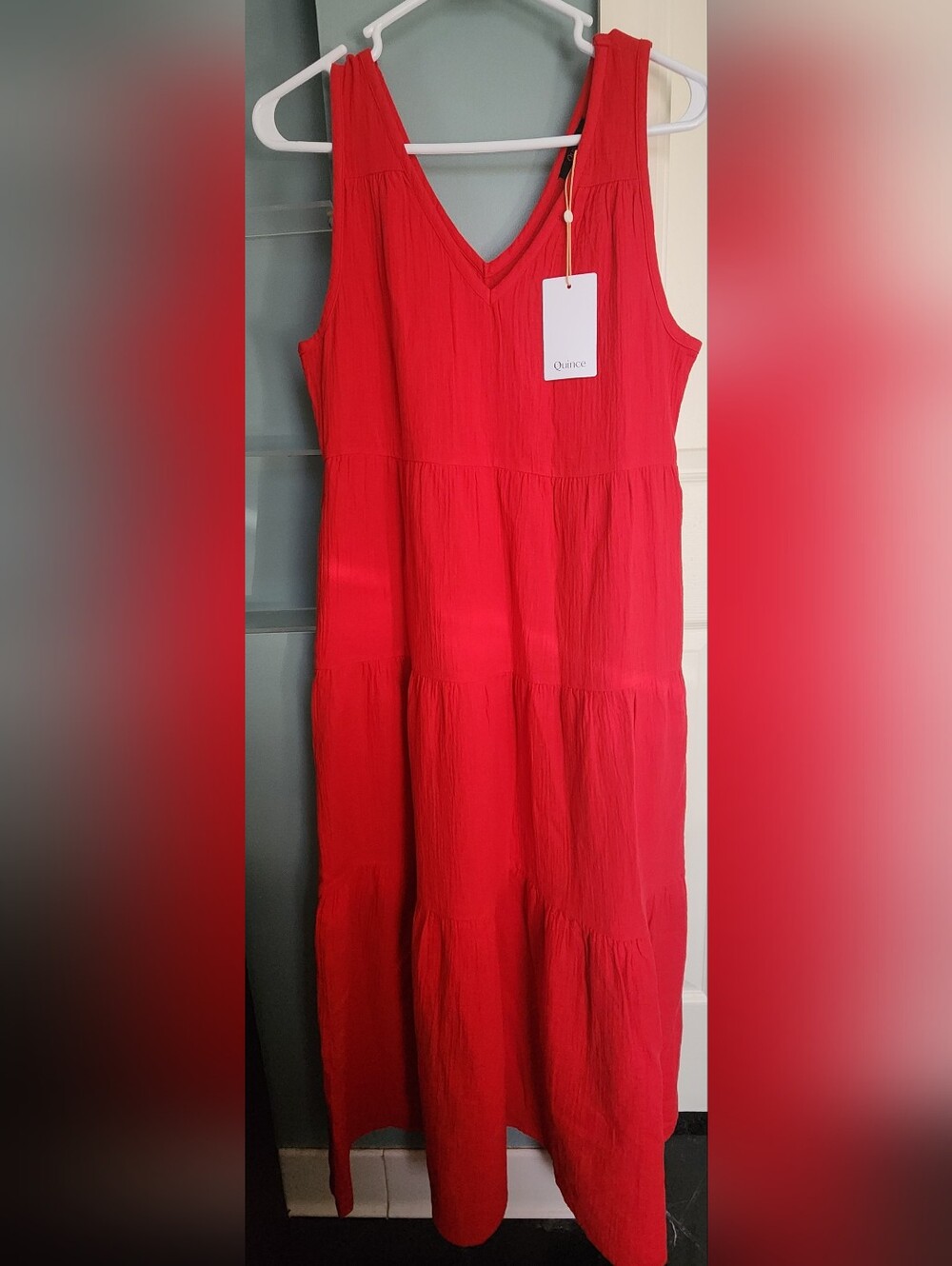 NWT. Quince 100% Cotton Gauze Tiered Maxi Dress- Size Small (Wild Cherry)